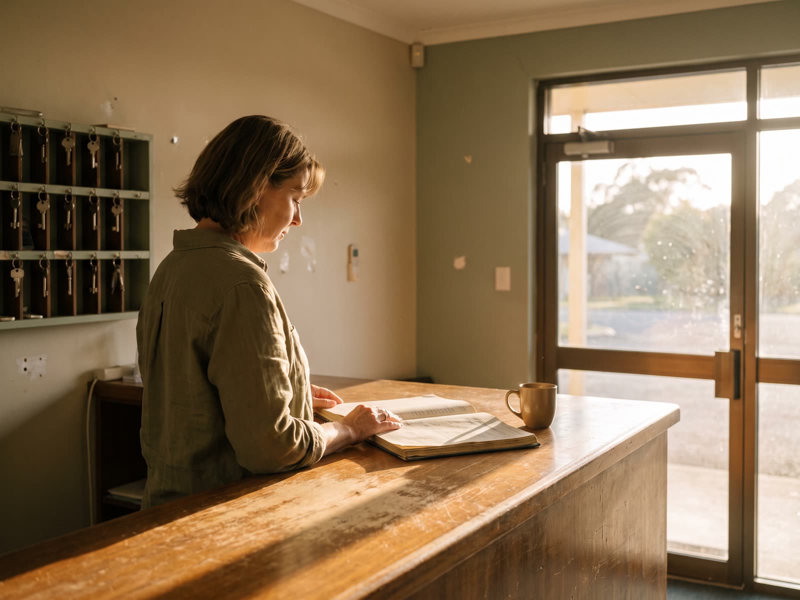 A motel manager reviewing the morning's arrivals